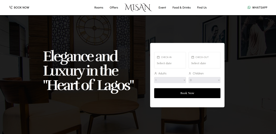 The Misan Hotel and Suites website home page, with room types and a booking enquiry.