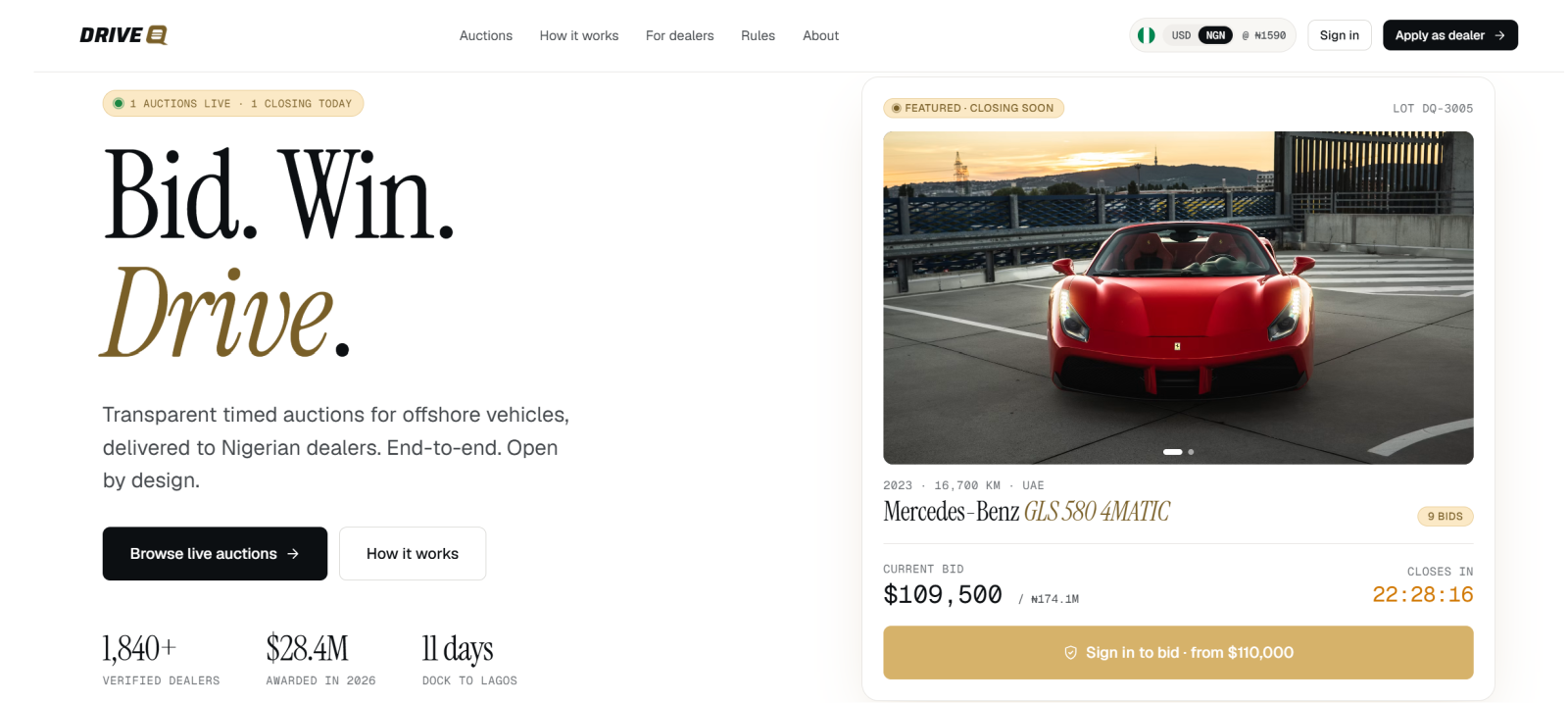 The DriveQ website home page.