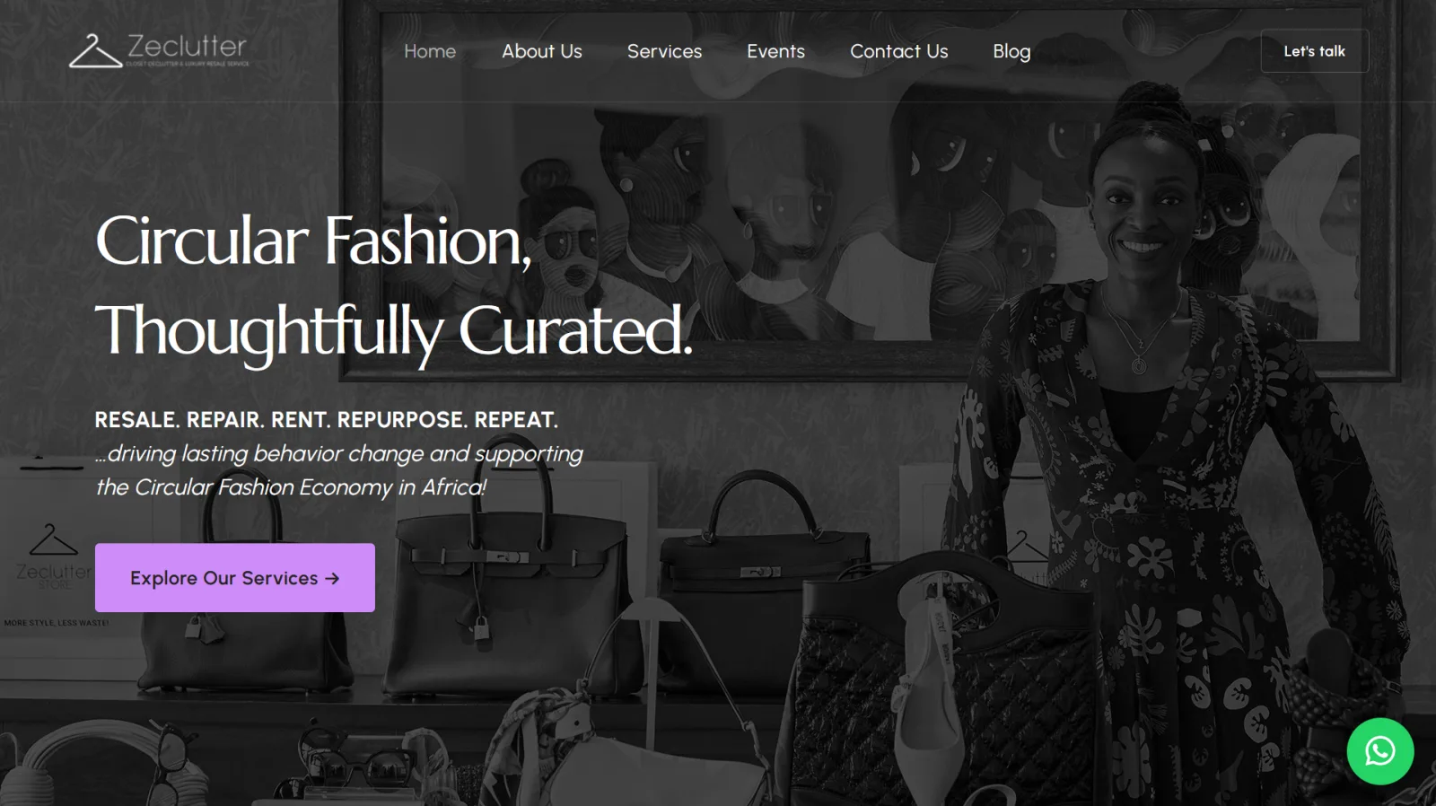 The Zeclutter website home page, a circular fashion resale service.
