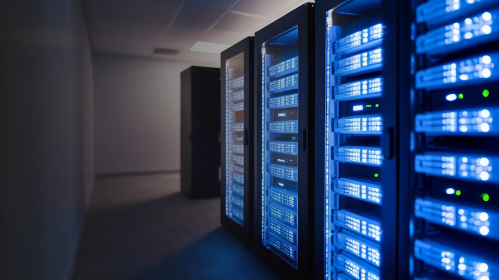 Server racks in a data centre aisle, lit blue.