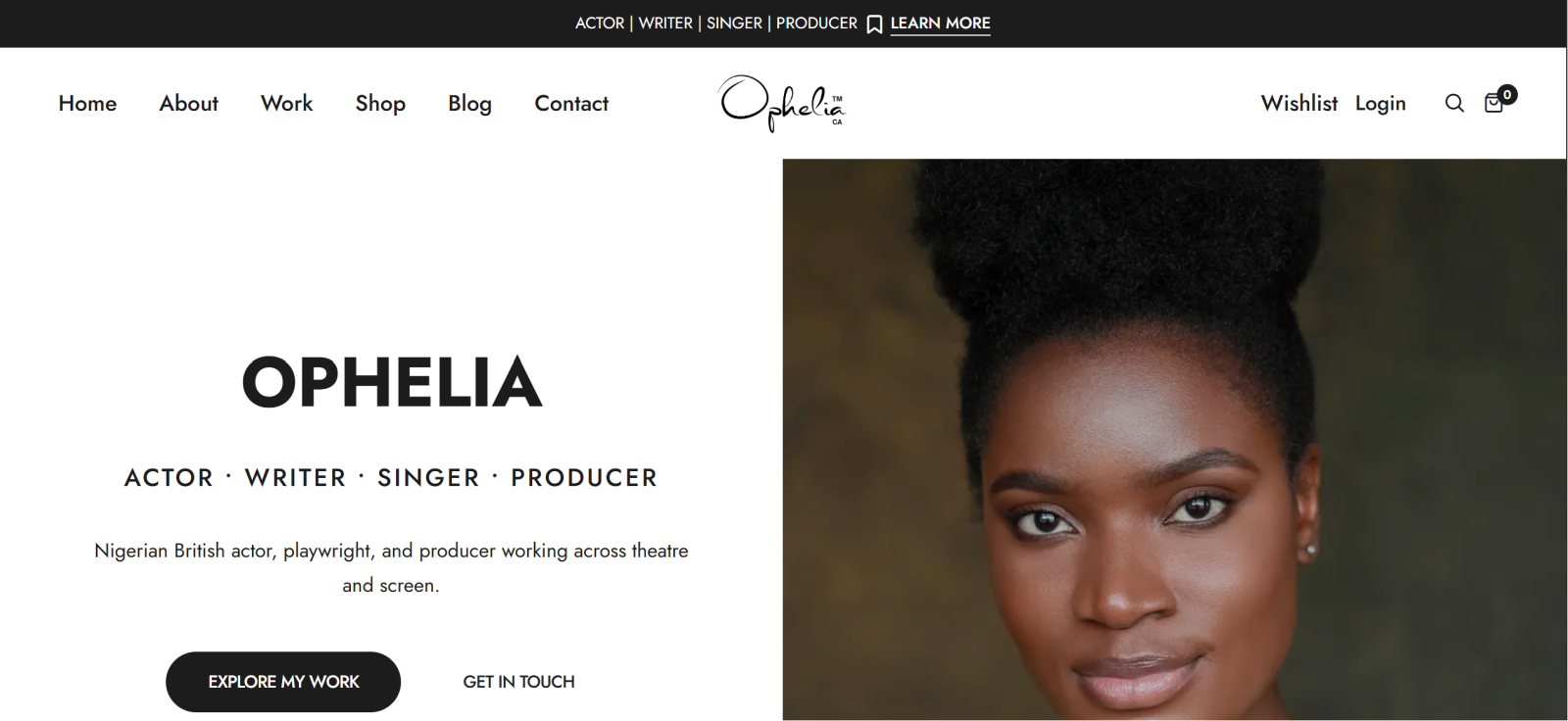 The Ophelia website home page.